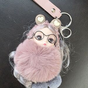 Pink Doll Pom-Pom Keychain with Glasses
